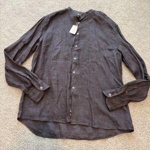 Fradi 100% Linen Shirt Mens L Gray Collarless Button Up Casual Beach Luxury